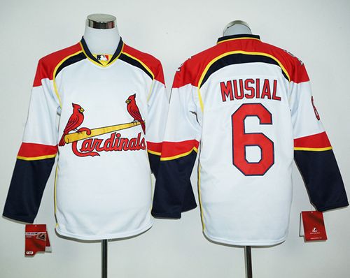 Cardinals #6 Stan Musial White/Red Long Sleeve Stitched MLB Jersey - Click Image to Close
